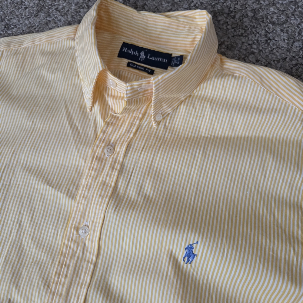 Ralph Lauren‎ Yellow Striped Button Down Shirt Mens 17 36/37  Classic Fit Cotton